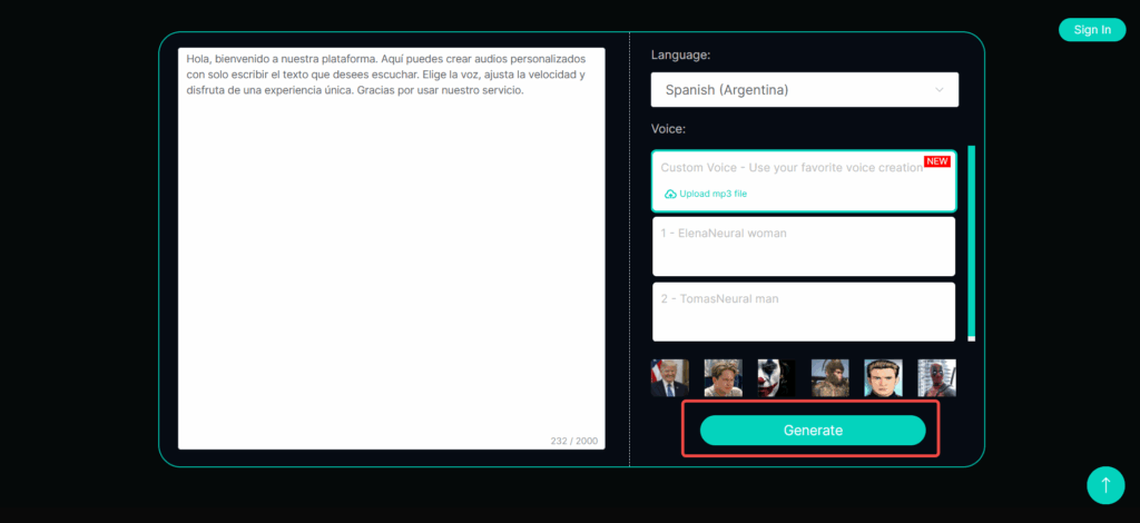 Click Generate to produce the voice. Listen to the preview and download your file.