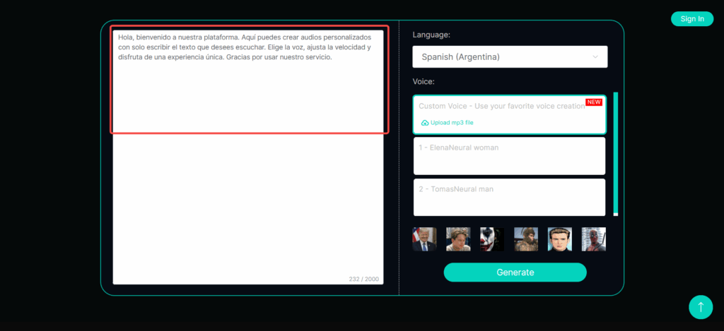 Type or paste your Spanish text into the editor.