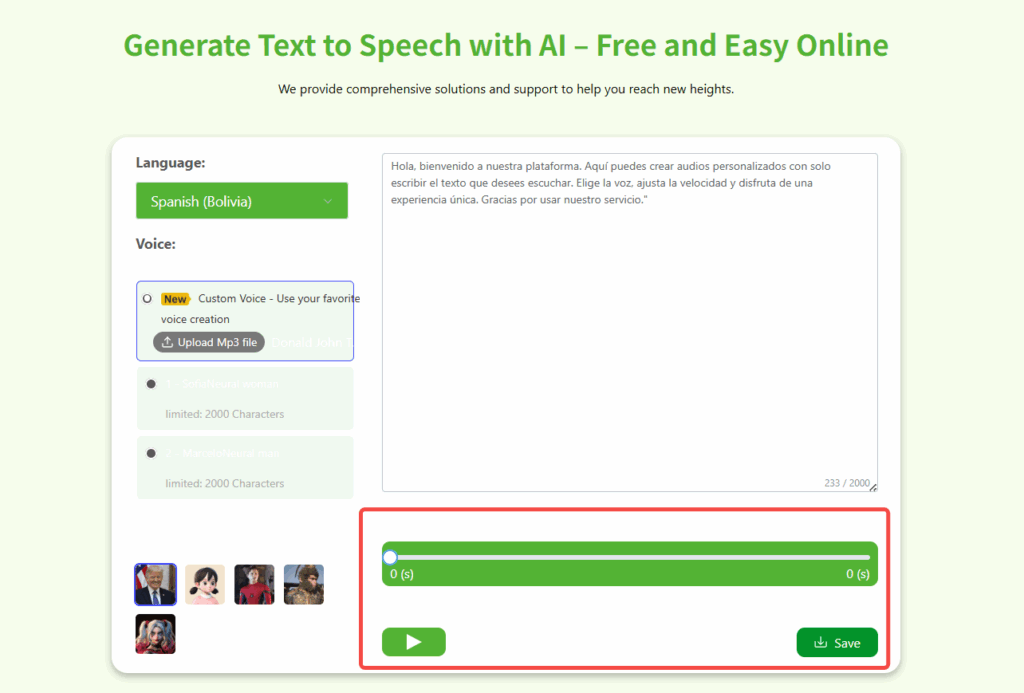 Click the Play button to create your voiceover. Preview the result and download it.