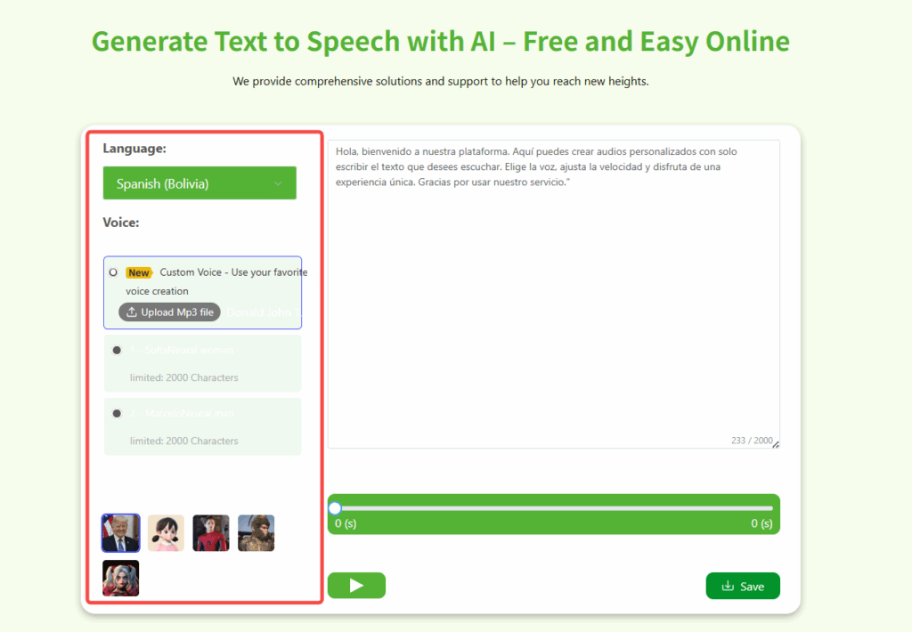 Select “Spanish” as the language and choose your preferred voice type.